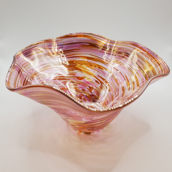 Beautiful PNW Seattle Glass-Eye Studio Art Glass Wave Bowl "Flamingo". EUC. - Picture 3 of 10